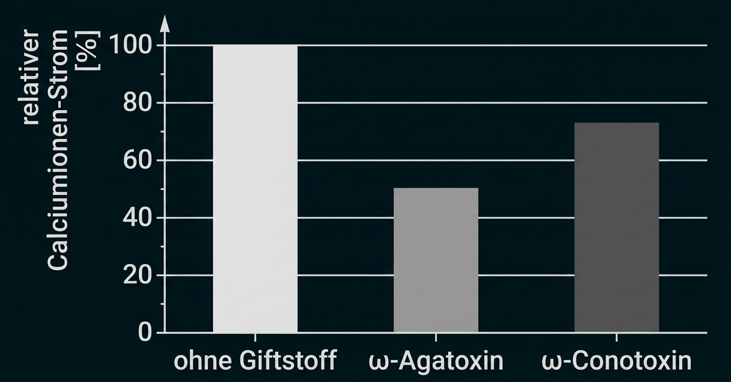 Balkendiagramm zum relativen Calciumionen-Strom ohne Giftstoff sowie mit ω-Agatoxin und ω-Conotoxin